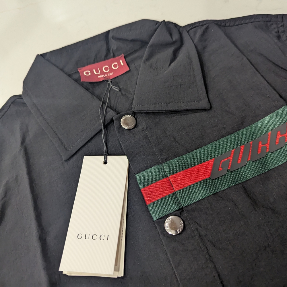 Gucci Black Shirt Jacket with Red and Green Stripes